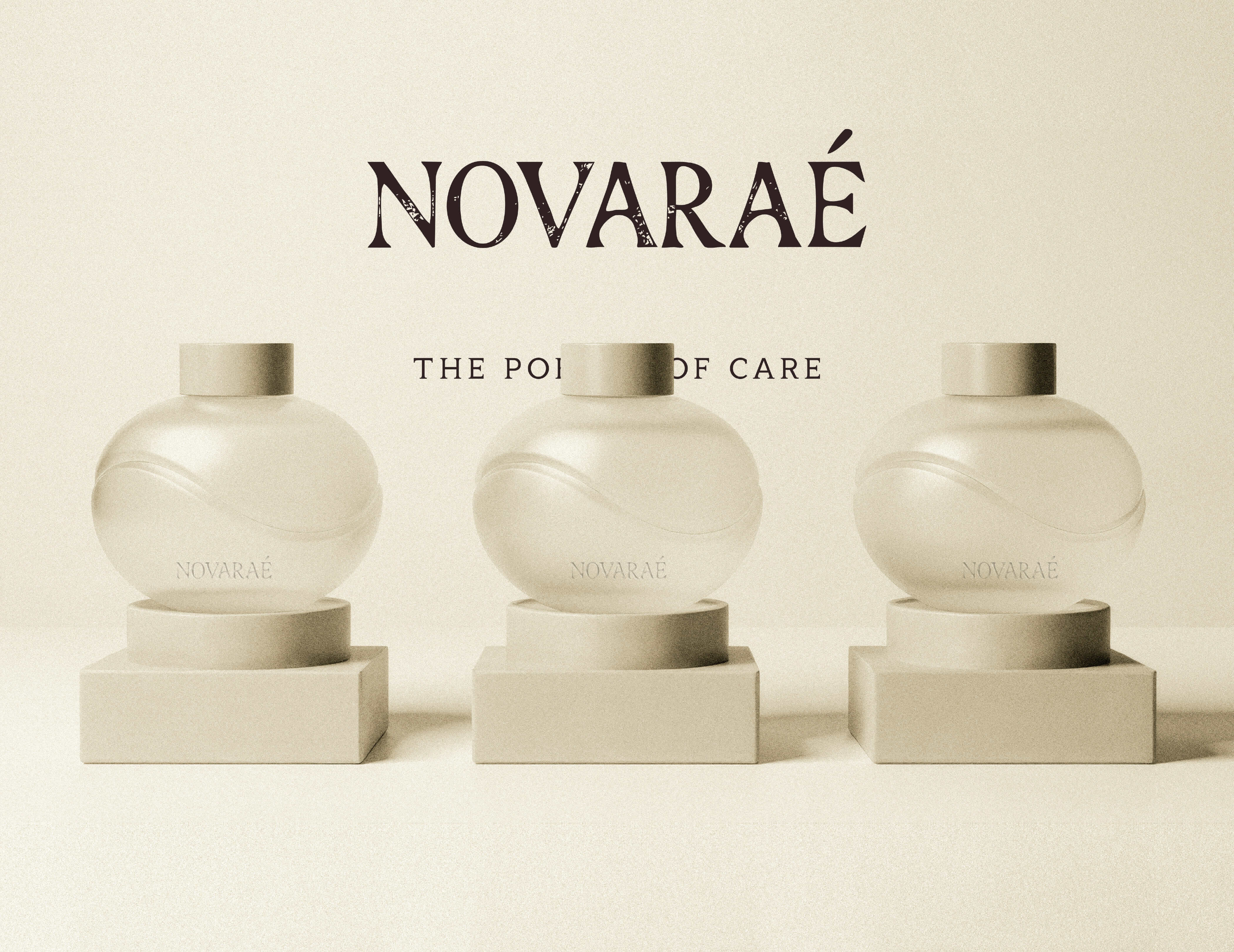Three elegant, rounded glass perfume bottles labeled NOVARAÉ are displayed on minimalistic square pedestals. The background is a soft, muted tone, enhancing the sophisticated appearance. Above the bottles, the phrase THE POINT OF CARE is prominently featured in a stylish font, emphasizing the brand's essence. The overall composition exudes a sense of luxury and simplicity.