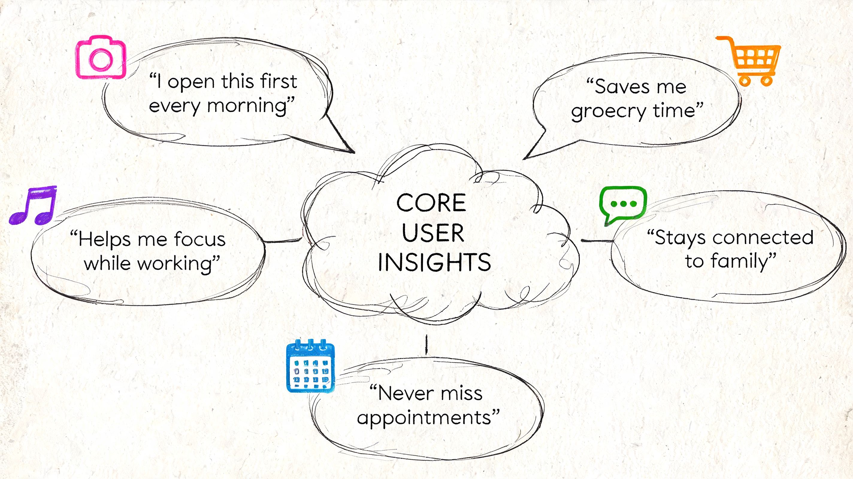 A hand-drawn mind map displaying Core User Insights surrounded by various user experience quotes and app-related icons.