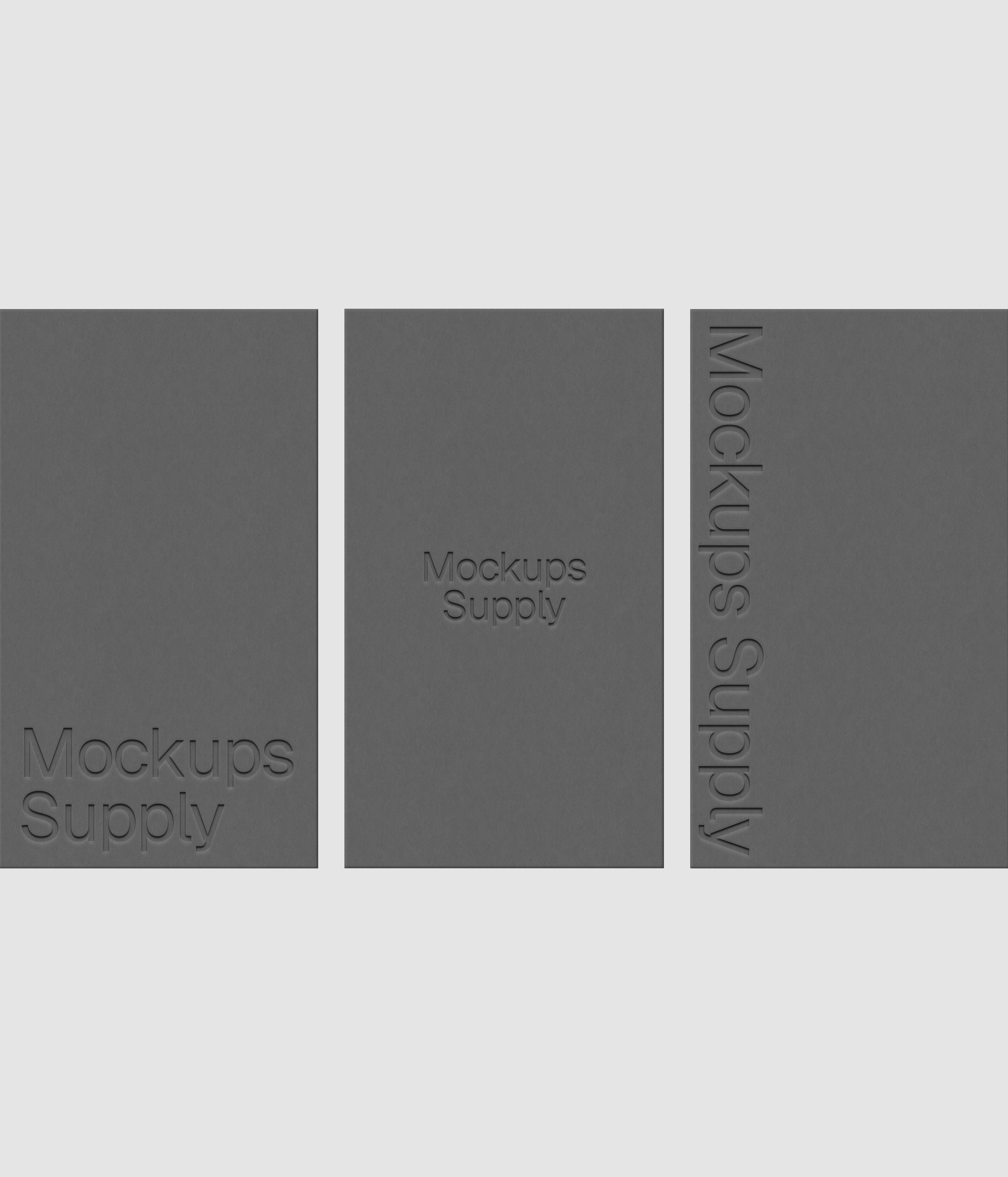 Three business cards mockup PSD US Canada portrait with debossed logo effect, gray cards on white background, clean modern stationery mockup for brand identity