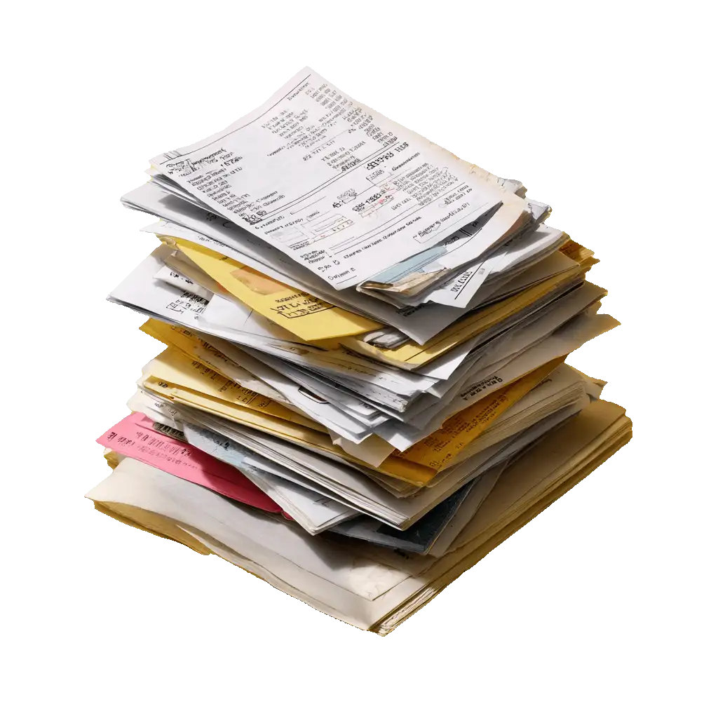 Photographie isolée d'une pile désordonnée et accumulée de factures, reçus et papiers administratifs sur fond blanc.