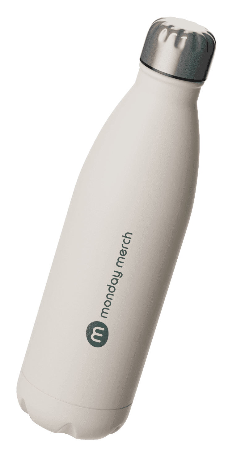 A sleek, white stainless steel water bottle with a silver cap, standing upright against a plain background.