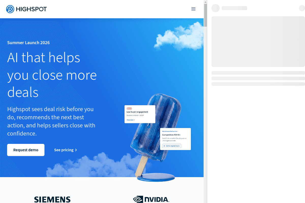 Highspot homepage, sales enablement platform with AI that helps close more deals