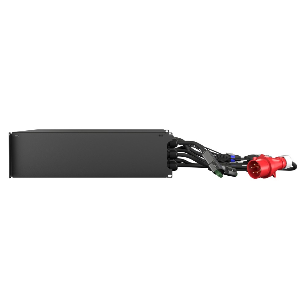 Black rackmount unit with cables and red connector
