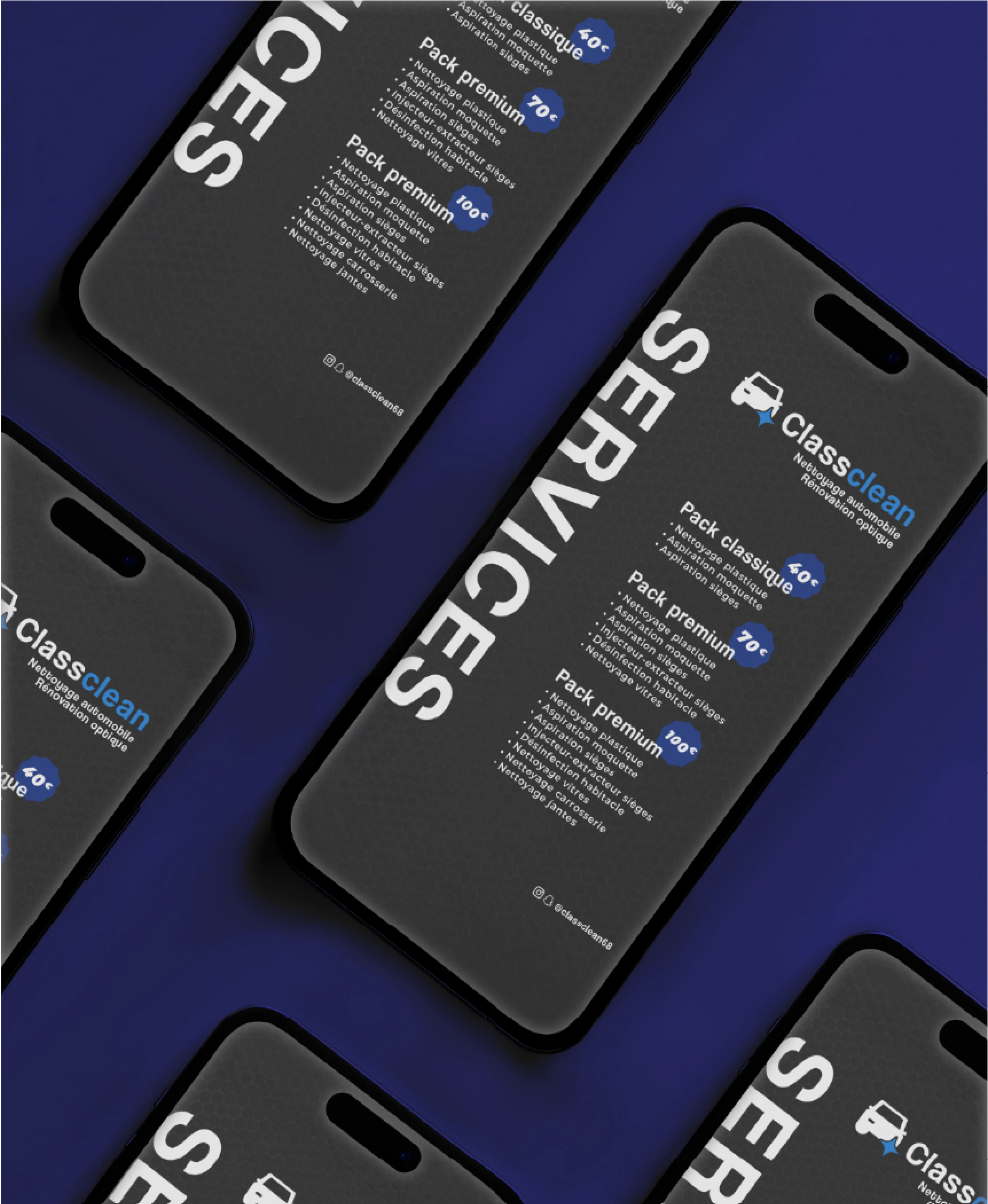 Vue en perspective de plusieurs smartphones affichant les services et tarifs du centre de rénovation optique Classclean.