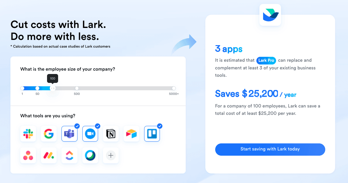 Compare how much you can save by switching to the Microsoft Teams alternative, Lark.