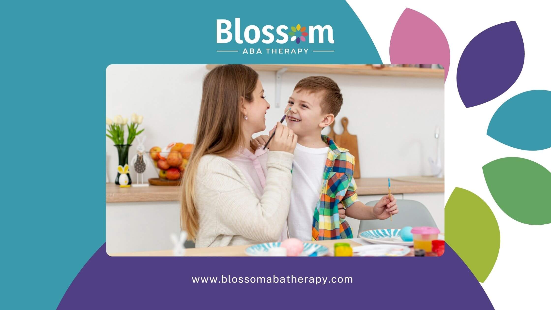 ABA therapist and boy with autism painting eggs together in ABA therapy.