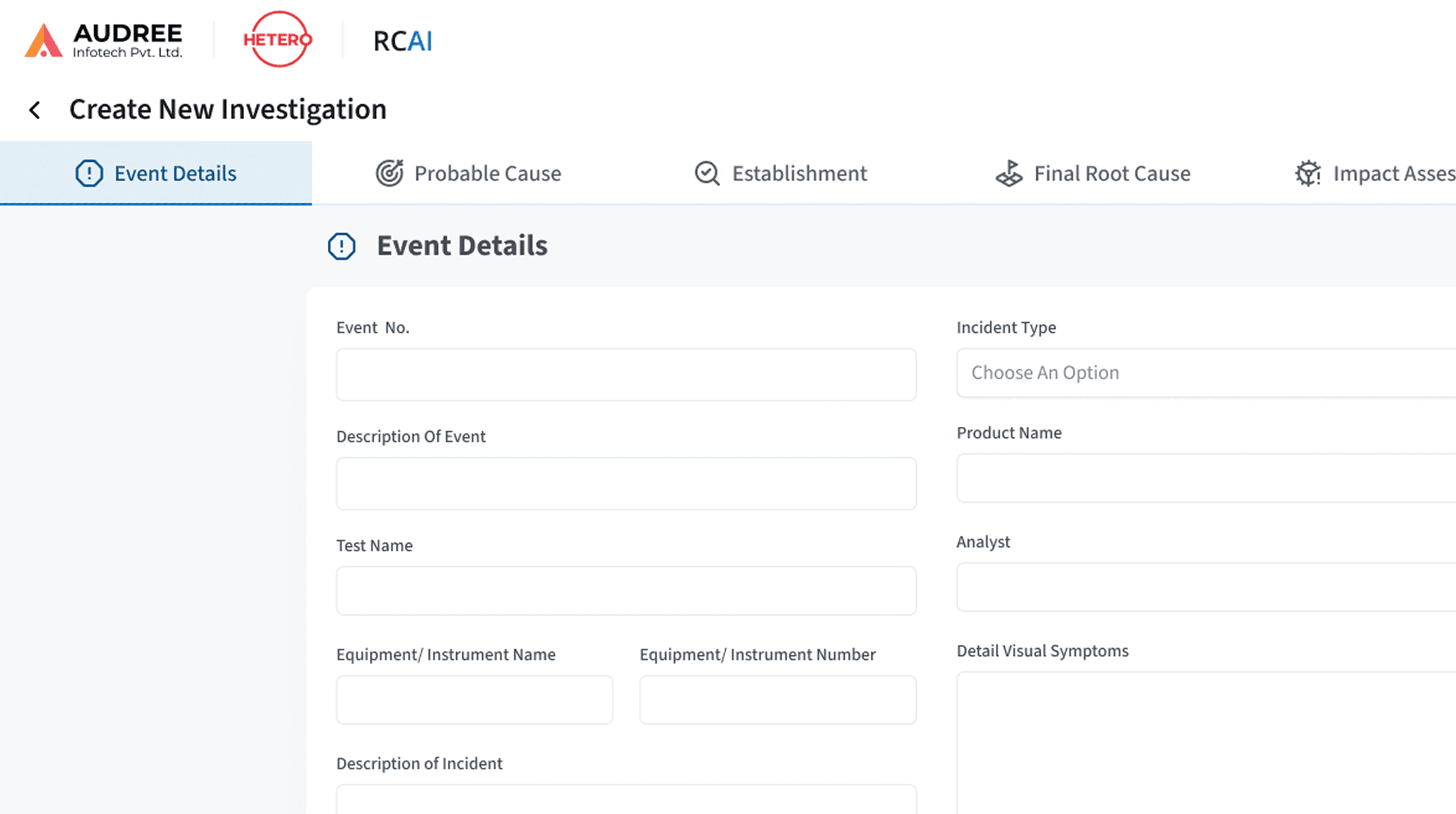 RCAI New Investigation Screen