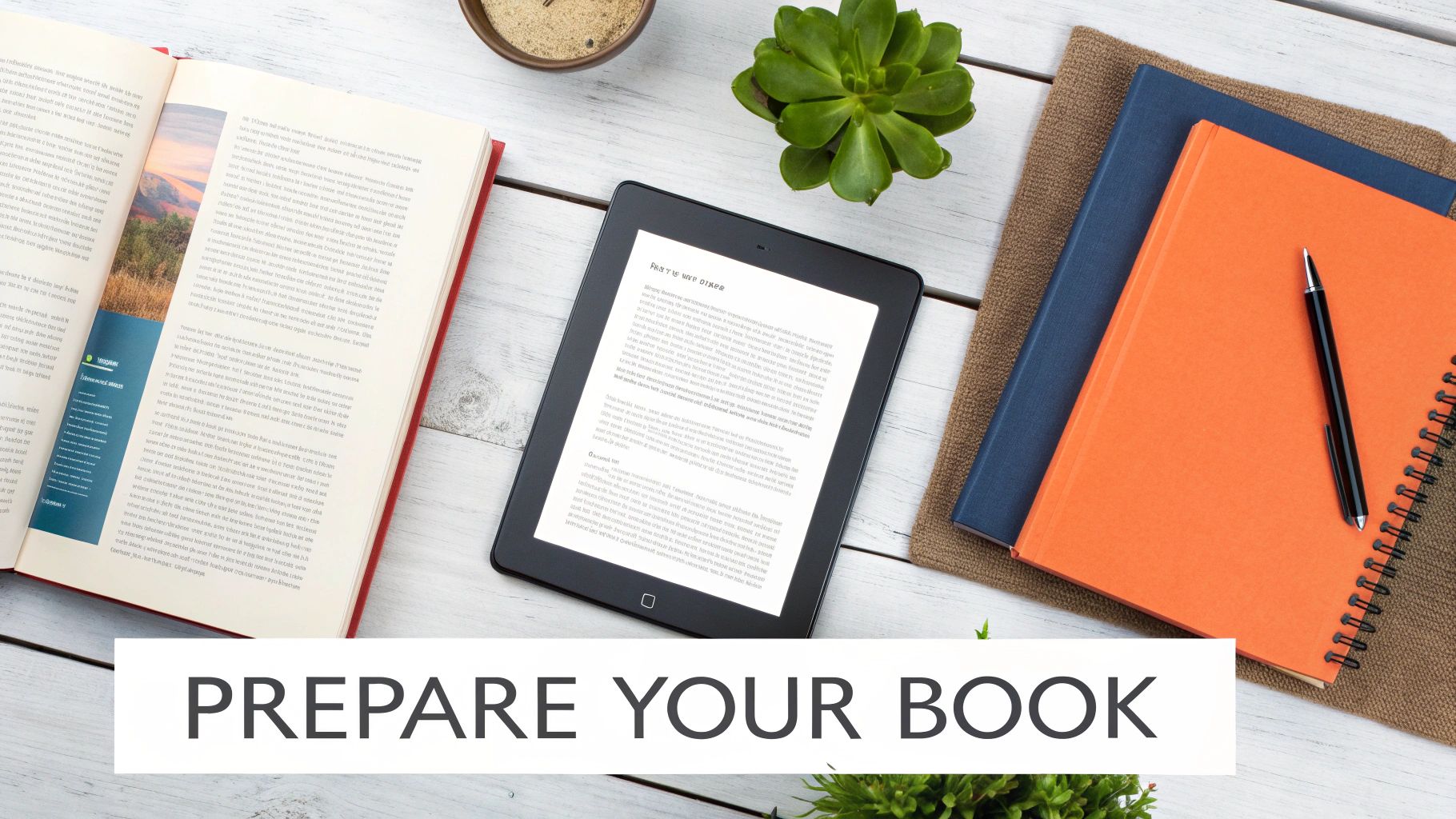 An overhead view of a desk with an open book, e-reader, and notebooks, with text 'PREPARE YOUR BOOK'.