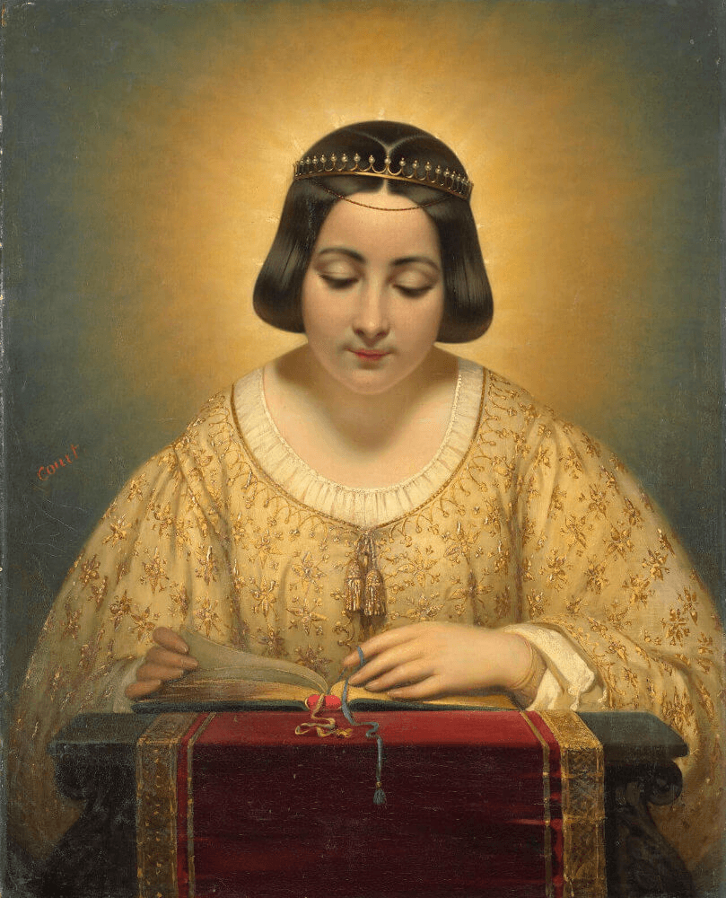 A woman in a golden dress, holding a red book, with a radiant halo glow surrounding her.
