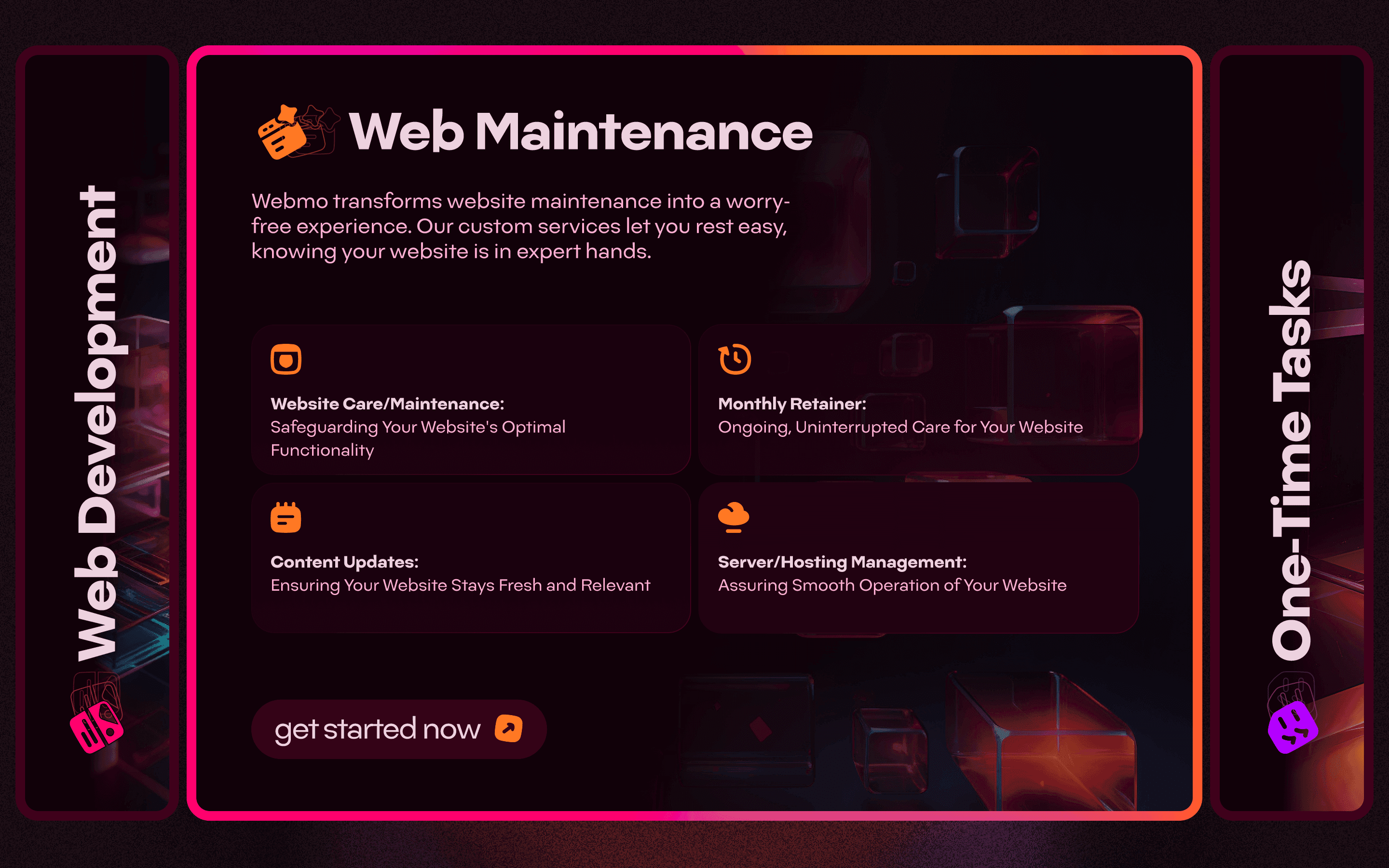 A website mockup of the services section for the Webmo website that is a very modern and colorful design that is also unique. It is a tab system with one tab open, showing the different services for that particular category, and two other tabs vertically closed, ready for a user to click and activate. 