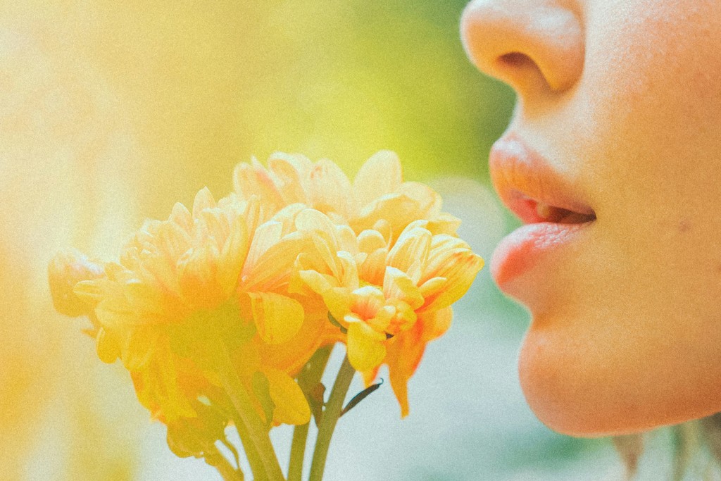 A  close-up of a woman's lips gently touching a cluster of vibrant yellow flowers, with a warm, golden light enhancing the serene and intimate moment.