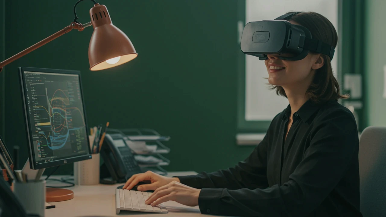 Dans un bureau moderne aux murs verts, une femme est assise devant un écran affichant des graphiques et des flux de données. Elle porte un casque de réalité virtuelle et tape sur un clavier, avec un sourire visible. Une lampe de bureau éclaire son poste de travail. Cette scène représente le bureau du futur et la révolution des espaces de travail rendue possible par les technologies émergentes comme la réalité virtuelle et les interfaces immersives.