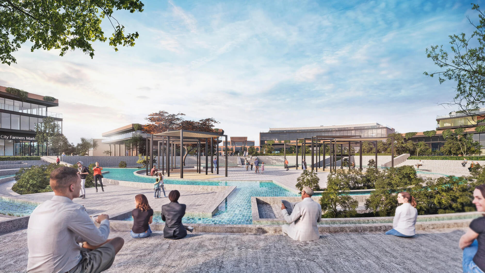 Architectural rendering of an urban outdoor development with a central public plaza, water features, pergolas, and commercial buildings in the background.