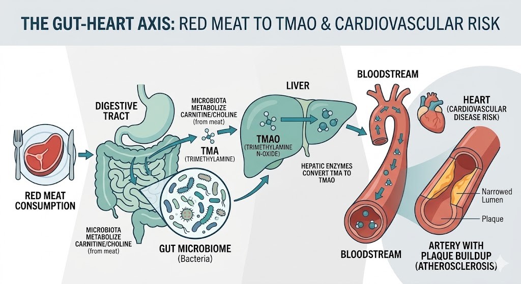 An infographic illustrating the gut-heart axis, showing how red meat consumption leads to cardiovascular risk. It details gut microbiome bacteria metabolizing carnitine into TMA, which the liver converts to TMAO. TMAO in the bloodstream increases artery plaque buildup (atherosclerosis), narrowing the lumen and raising cardiovascular disease risk.