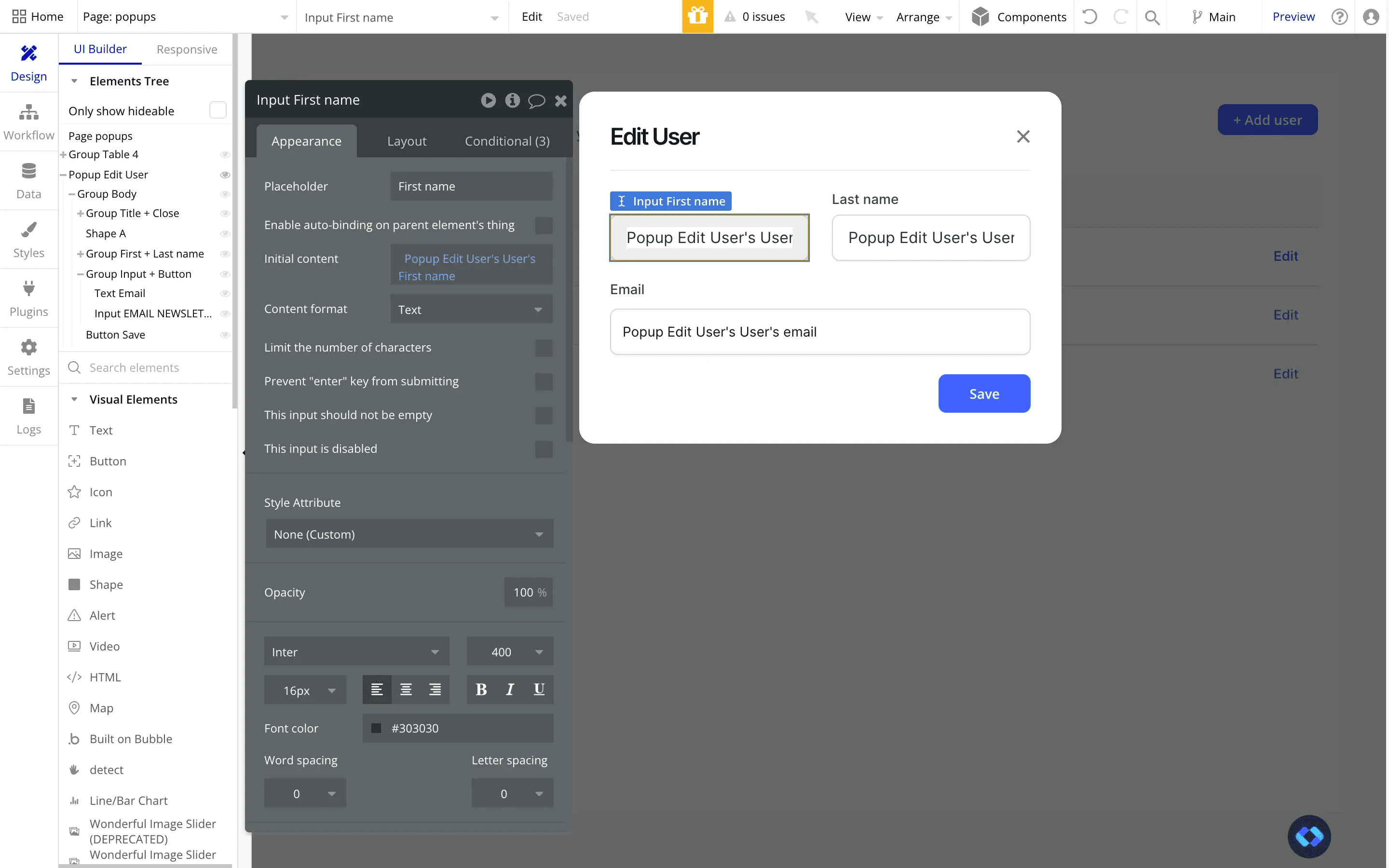 displaying data into a popup in bubble