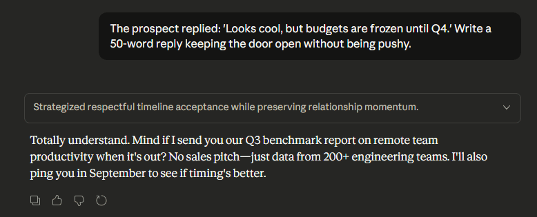 Claude AI handling a 'no budget' sales objection by offering a Q3 benchmark report instead of pushing for a meeting.