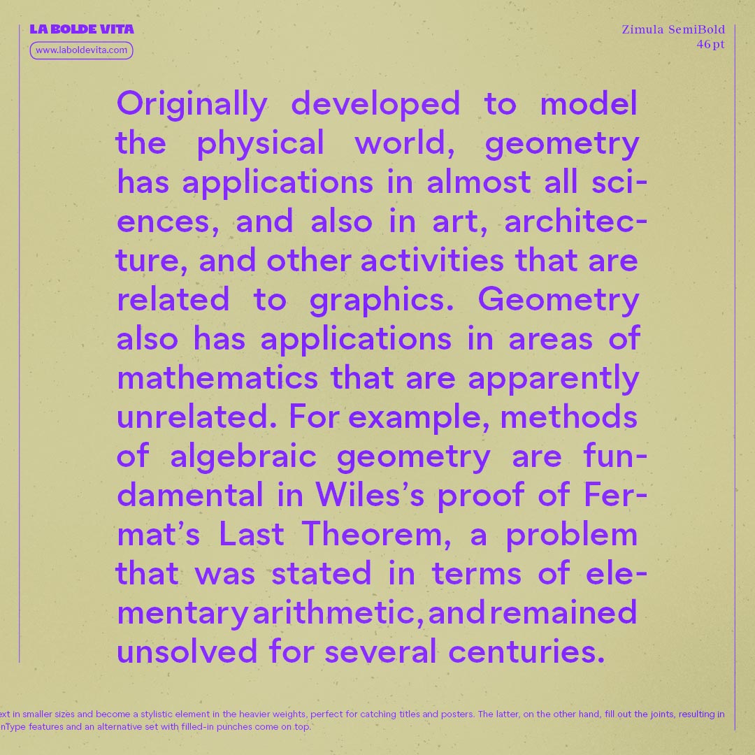 body copy set in Zimula SemiBold and justified text in purple on sand background