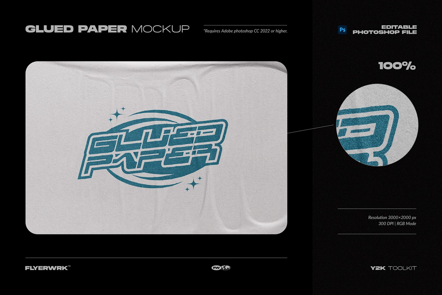 Y2K Toolkit glued paper Photoshop mockup with retro futuristic logo design