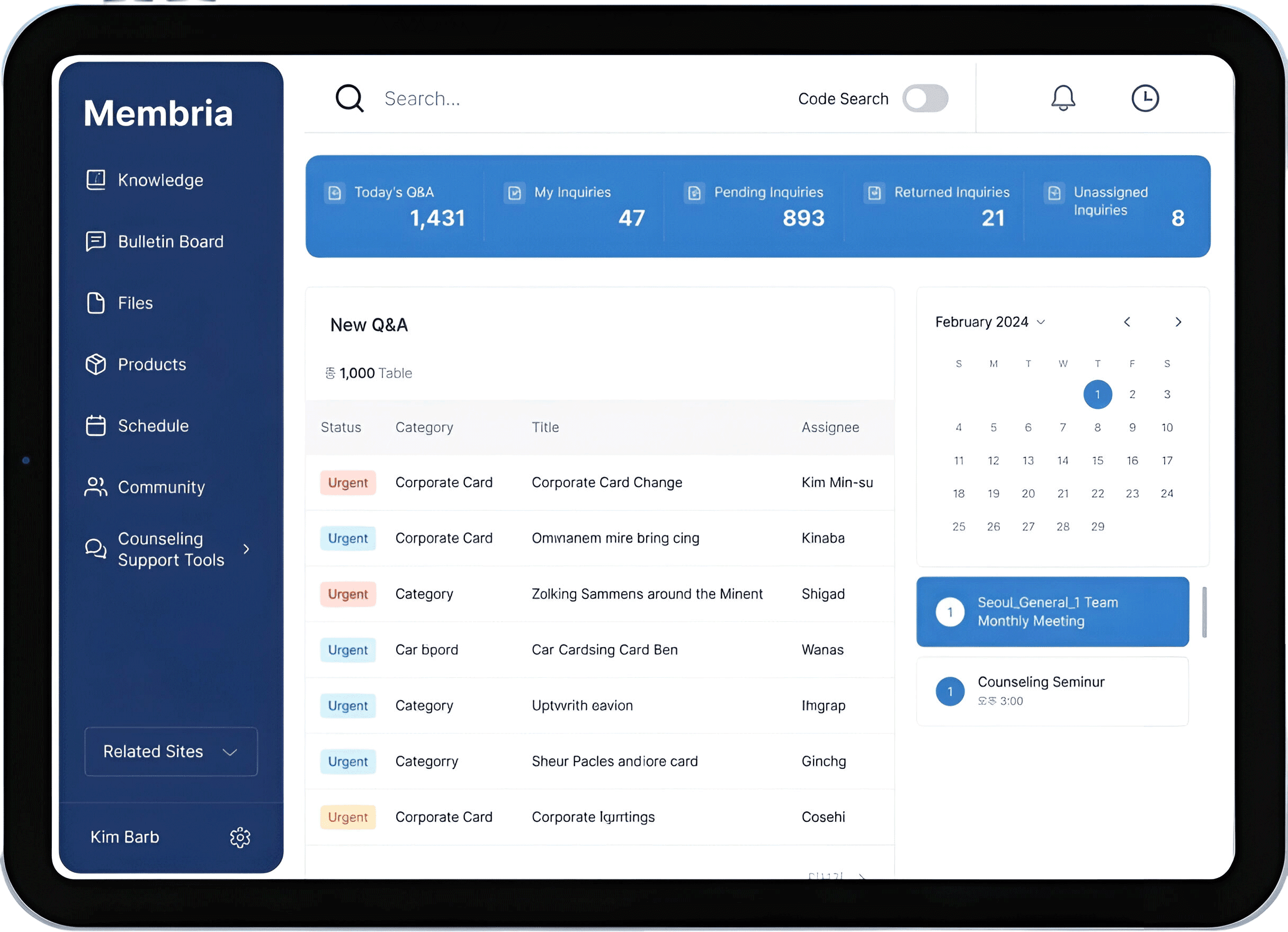 An image of Membria's dashboard