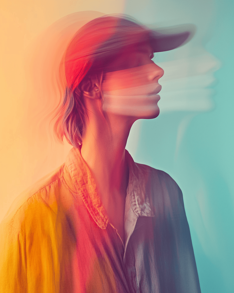 A profile of a person in a colorful, abstract style with soft focus and layered hues of orange and blue.