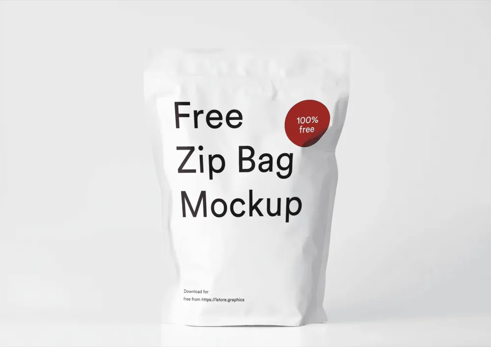 A matte black zip-lock pouch mockup with subtle crinkles and a glossy red circular label. The minimalist design is showcased against a dark background, emphasizing the package's texture and shape.