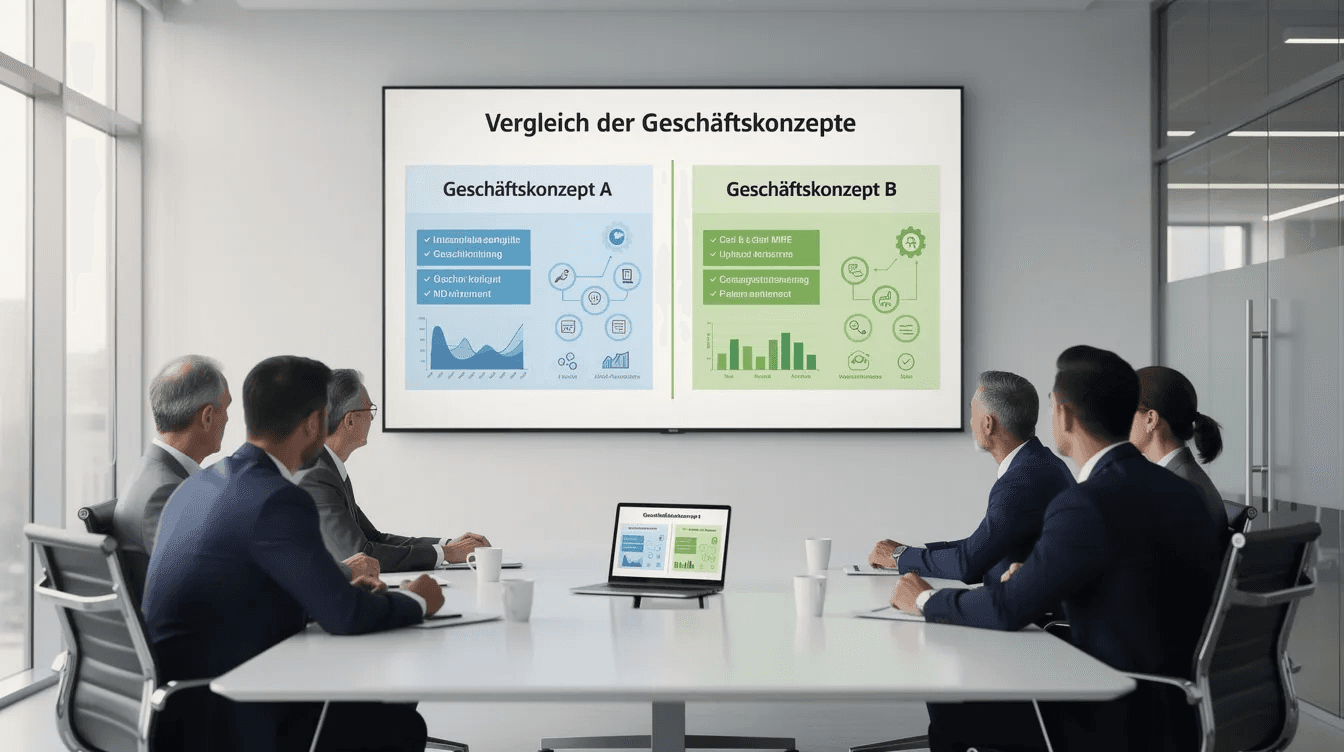 Die Bildbeschreibung zeigt eine moderne Präsentation in einem Meetingraum, auf einem großen Display werden zwei Geschäftskonzepte nebeneinander verglichen. Die Darstellung umfasst wichtige Aspekte wie SEO, AEO und die Sichtbarkeit von Unternehmen in der digitalen Welt, um die Unterschiede und Strategien der jeweiligen Konzepte zu verdeutlichen.