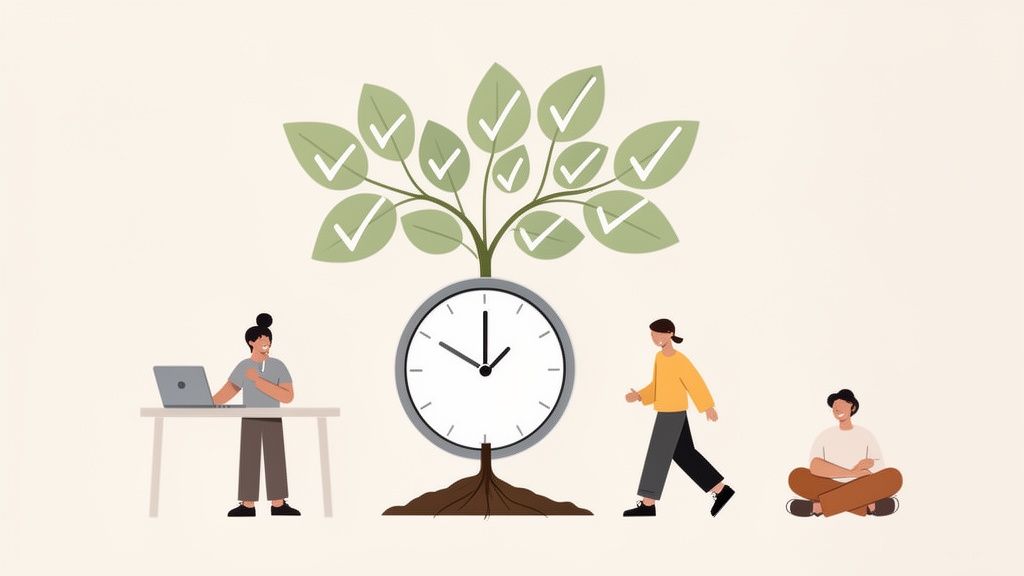 Illustration of a clock-tree with checkmark leaves, symbolizing productivity. People work, walk, and relax around it.