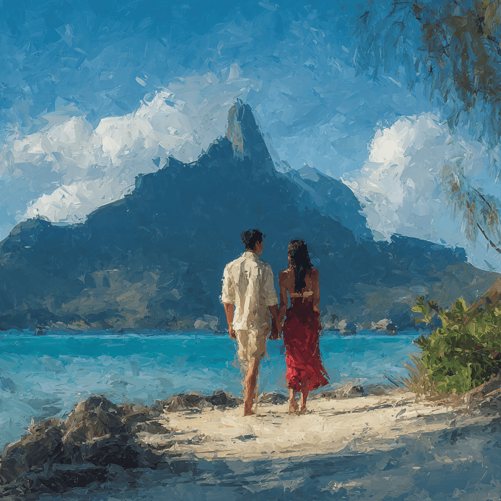Couple walking hand-in-hand along turquoise shores of Mo'orea, reflecting Prepared Travel’s bespoke honeymoons and romantic escapes.