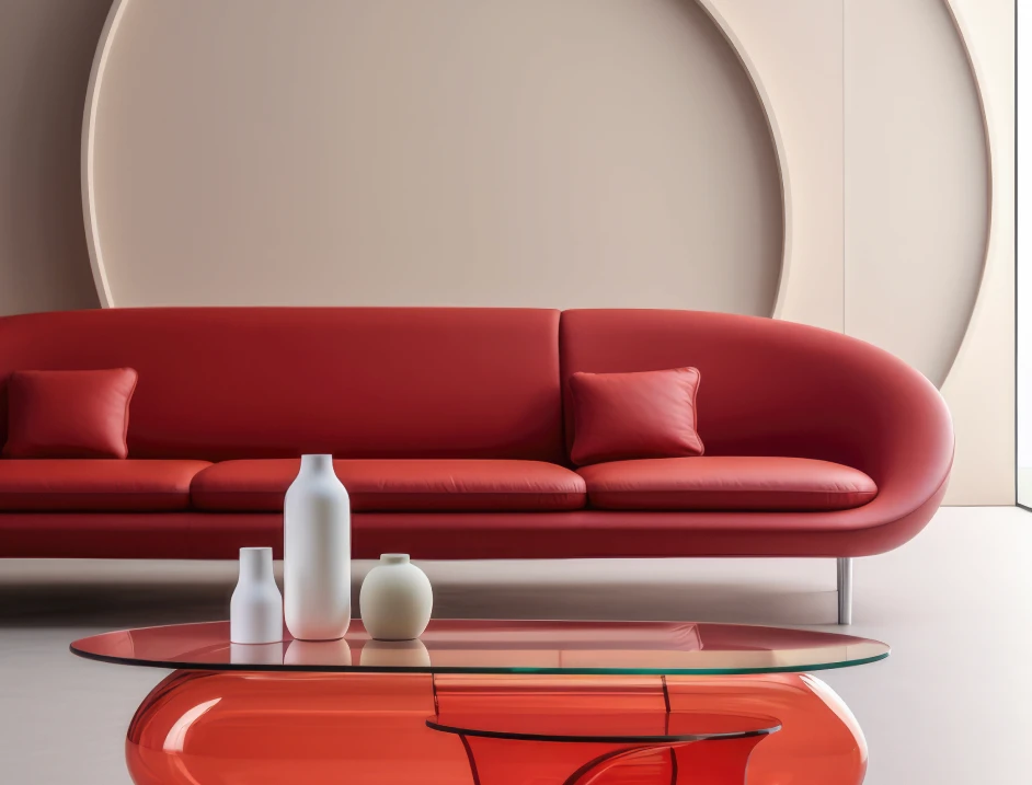 Modern minimalist living room with a red curved sofa and glass coffee table.