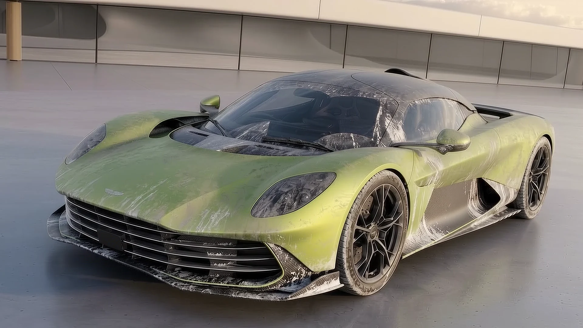 Green sports car becoming clean as it moves forward