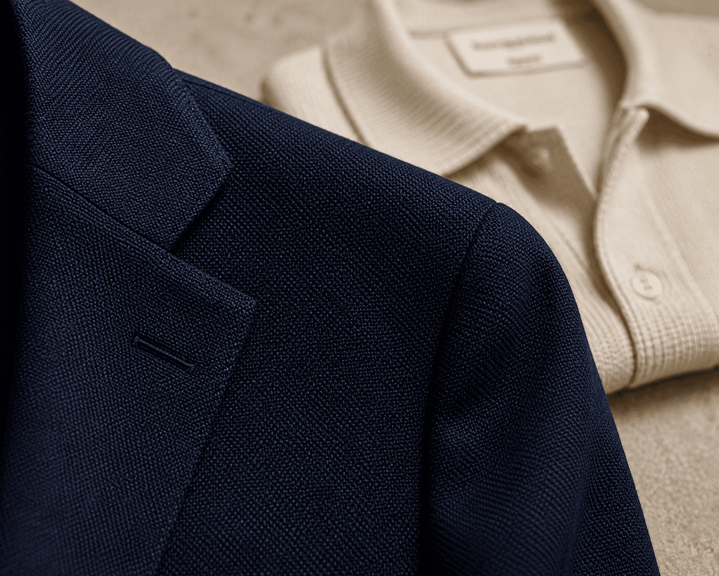 A detailed close-up shot focusing on the rich texture of men's luxury garments. The foreground highlights the lapel and shoulder of a navy blue hopsack textured wool blazer, revealing its intricate weave. In the soft-focus background remains a neatly folded, cream-colored knit polo shirt with a classic collar and white buttons.