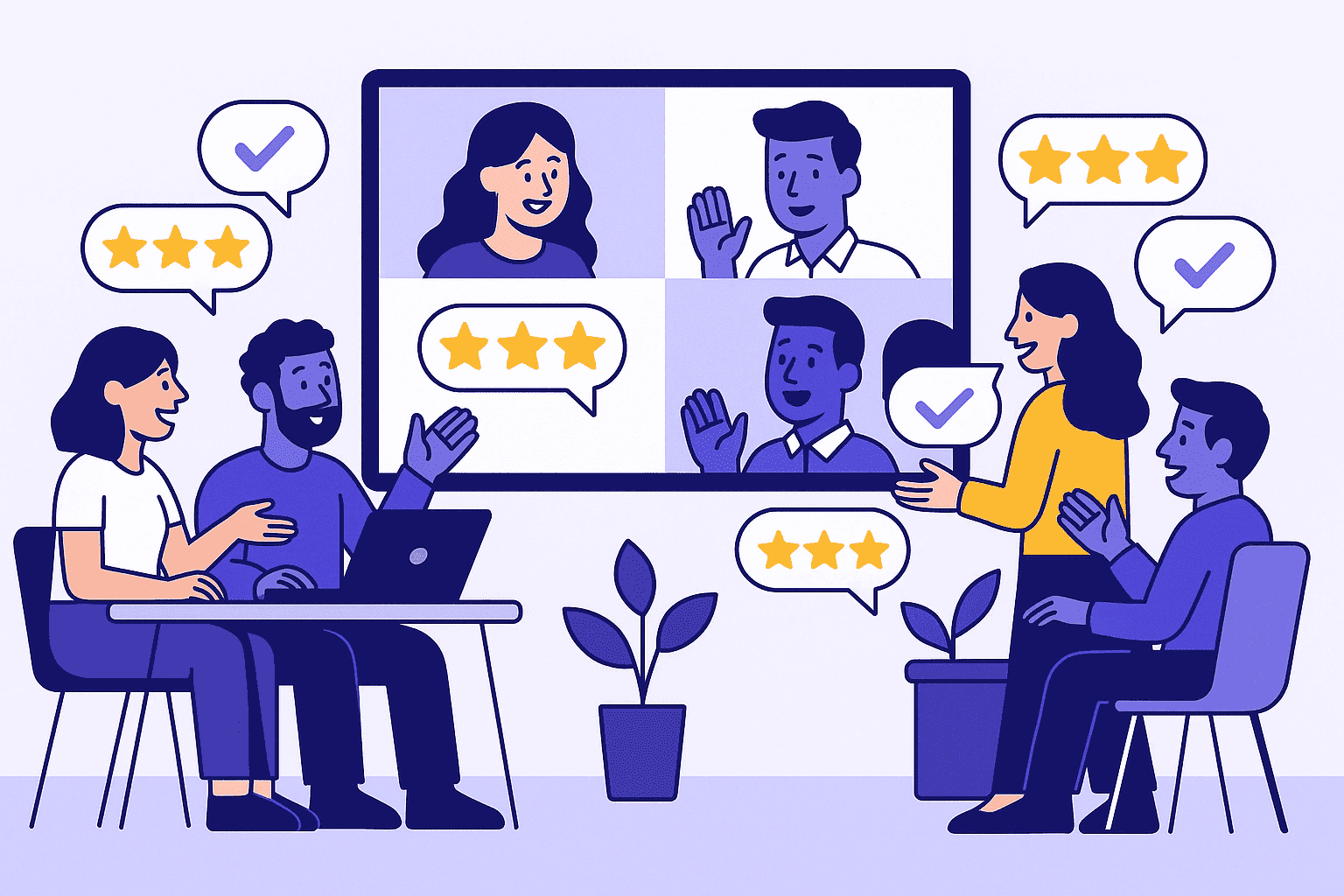 A flat-style digital illustration showing a diverse hybrid team exchanging feedback with visible star icons representing evaluation and appreciation in a collaborative workspace.