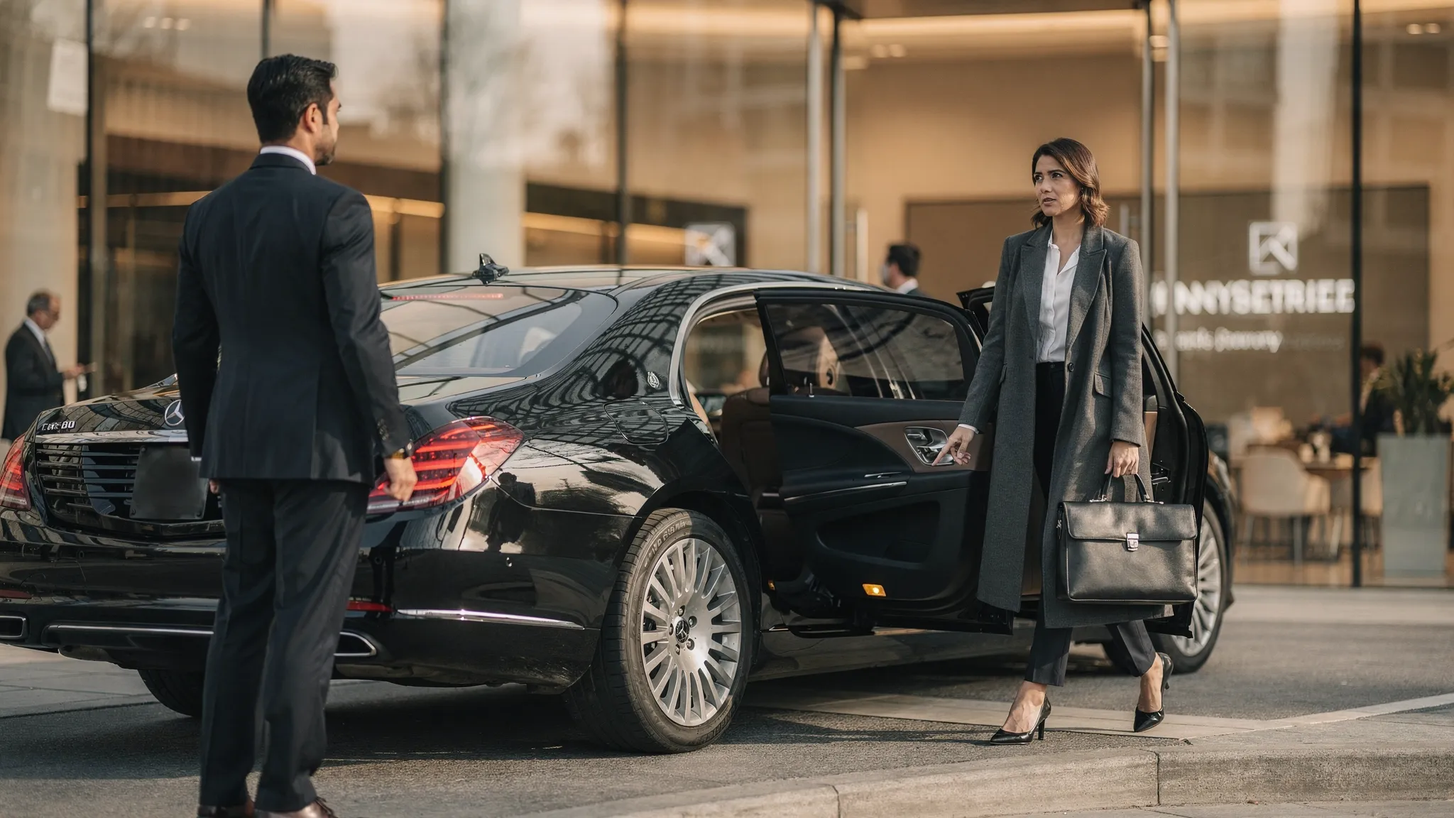Een representatieve chauffeur opent discreet het portier van een luxe zakelijke auto bij de entree van een kantoor, terwijl een directielid met aktetas arriveert voor een afspraak.