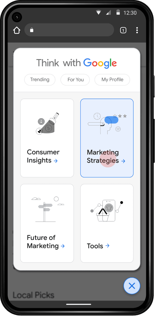 Mobile screen display of the Think with Google home page