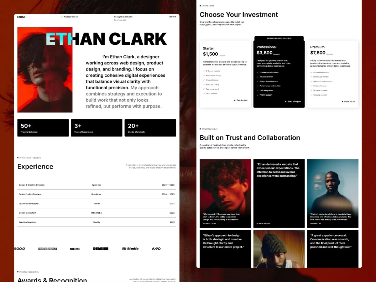 Experience timeline and investment pricing table layout within the EthanClark Framer template.