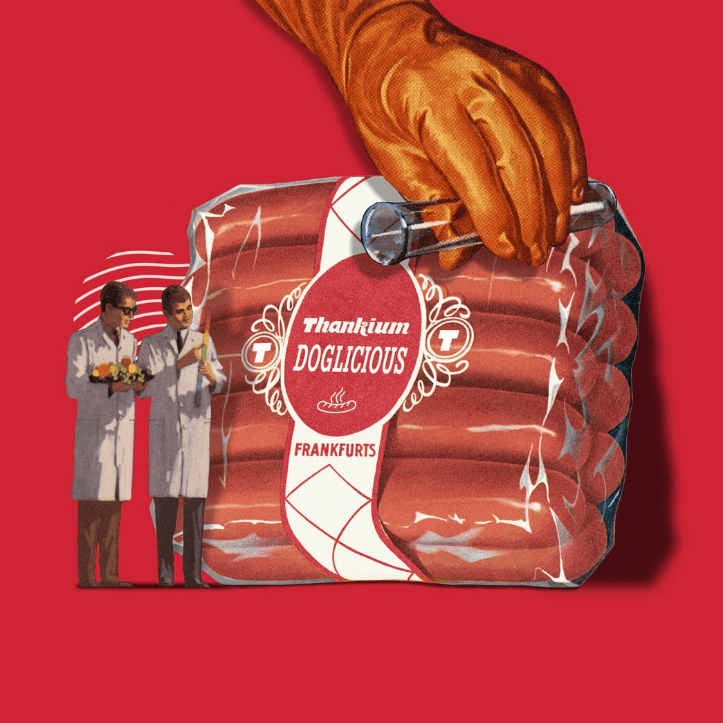 Embalaje de salchichas frankfurt, diseño retro con perro sacando y científicos observando.