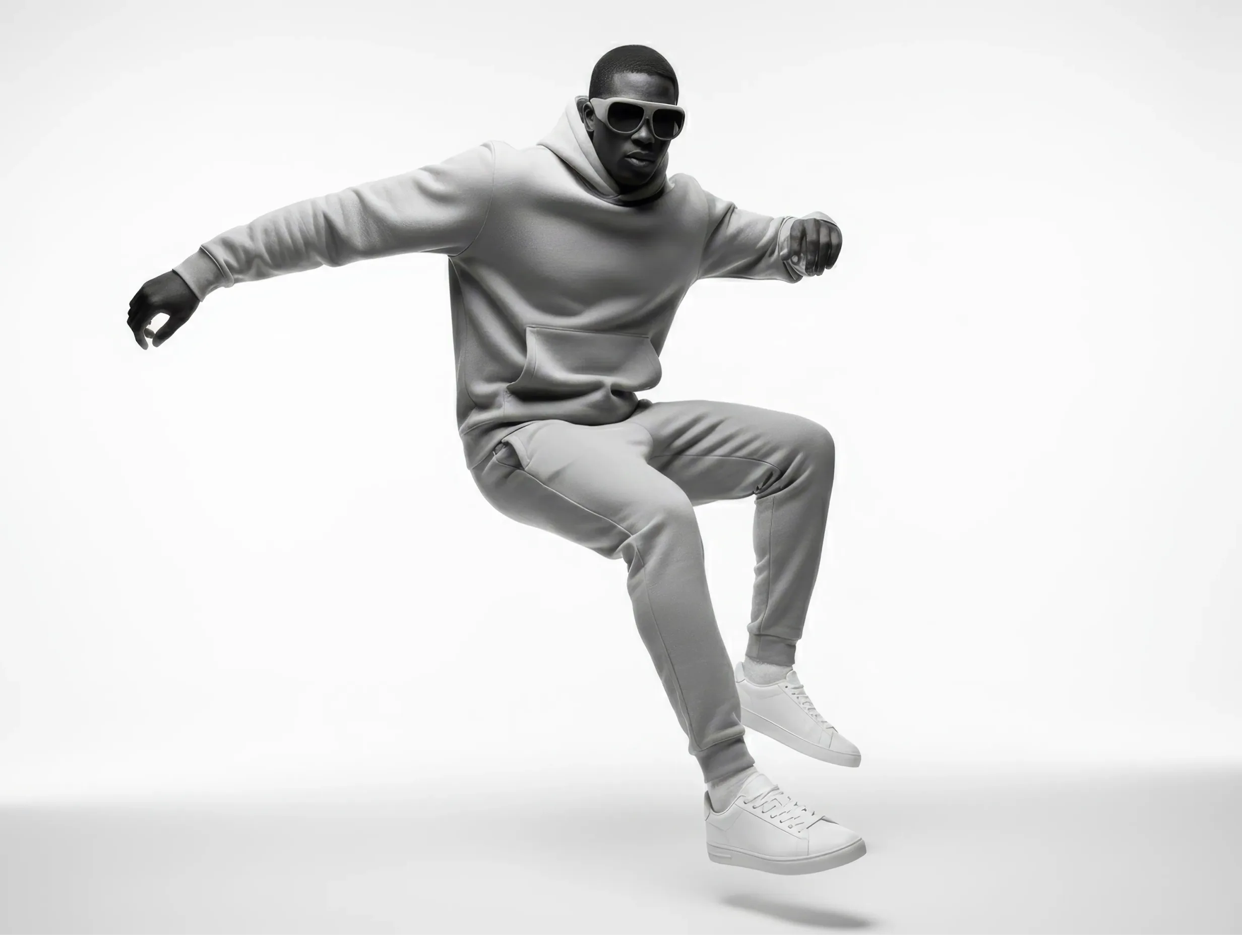 Model wearing smart sunglasses while jumping in a studio setting