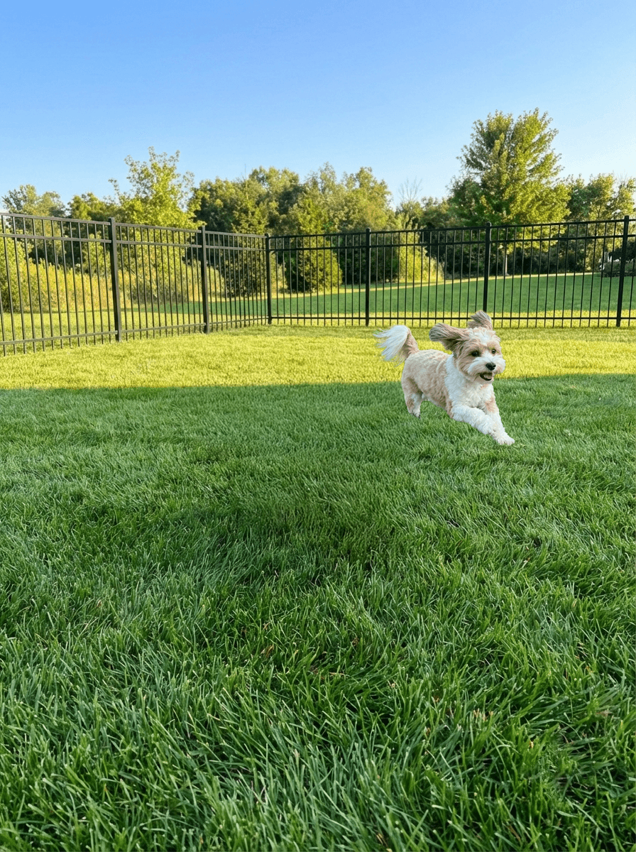 cute dog running protected by aluminum fence