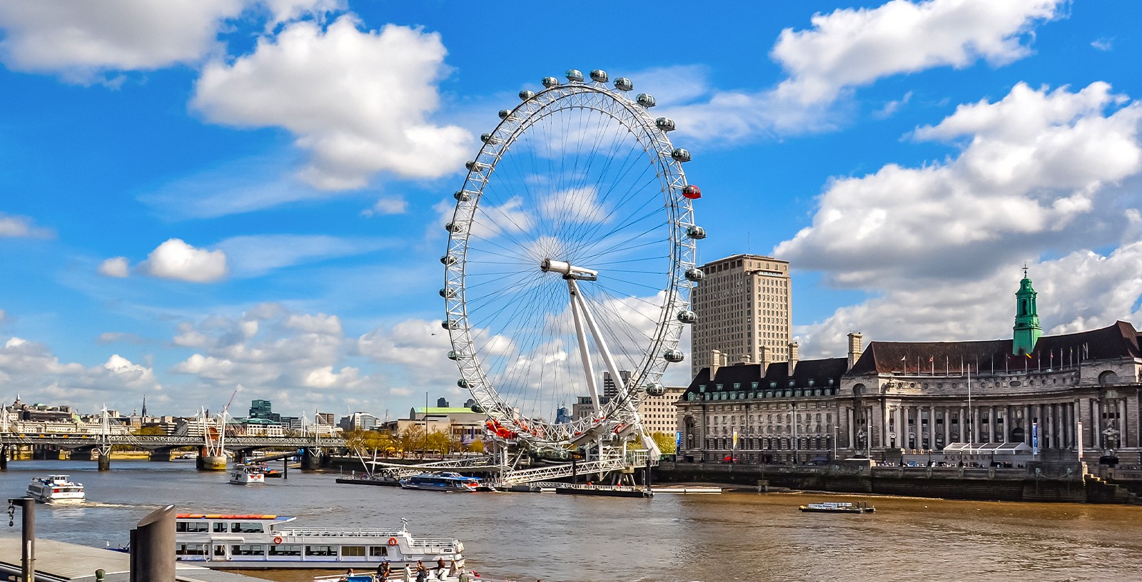 Лондонский глаз на реке Темза с видом на городской пейзаж.