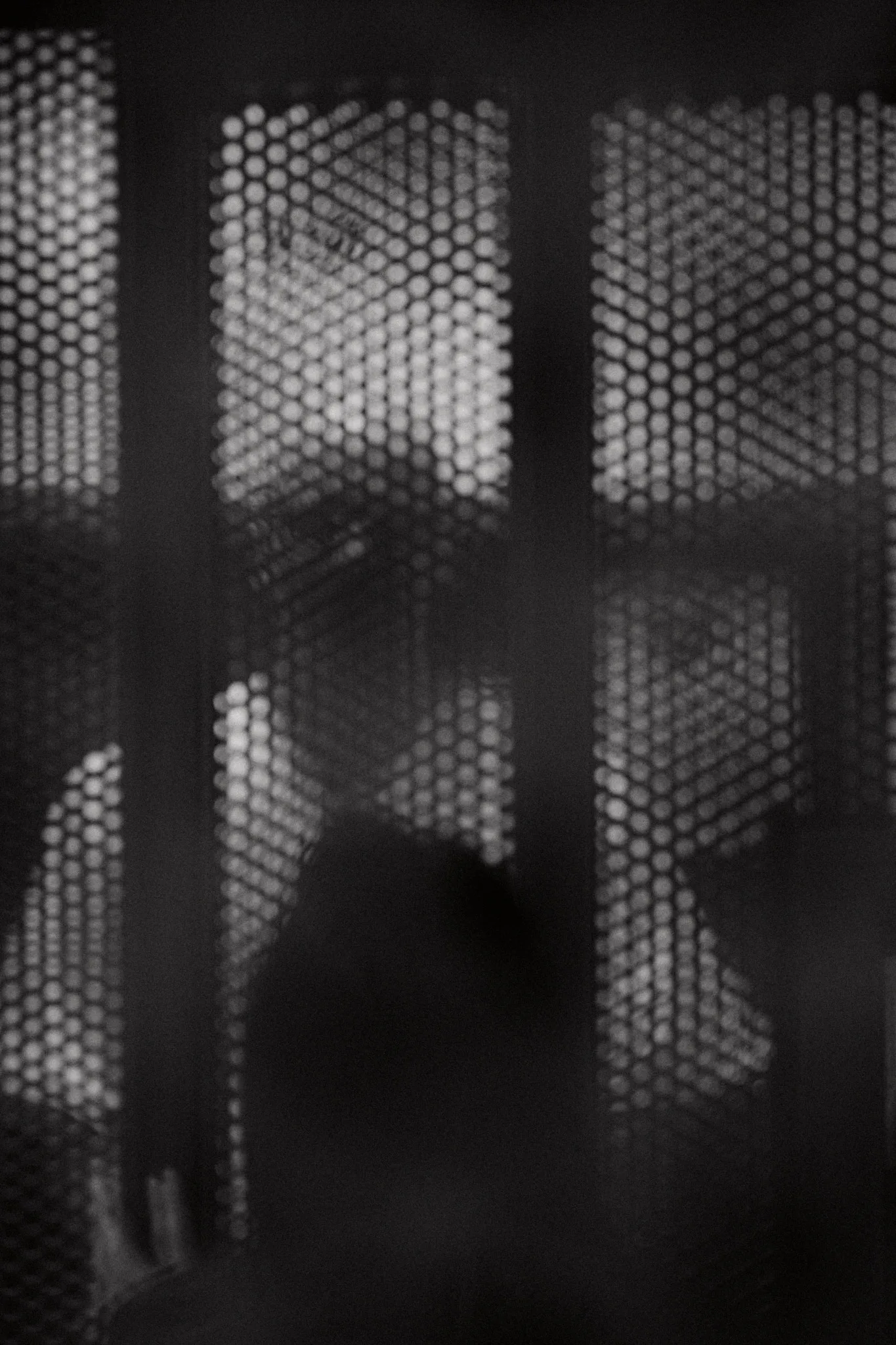silhouette behind perforated screen panels — portrait photography by Tom Kubik