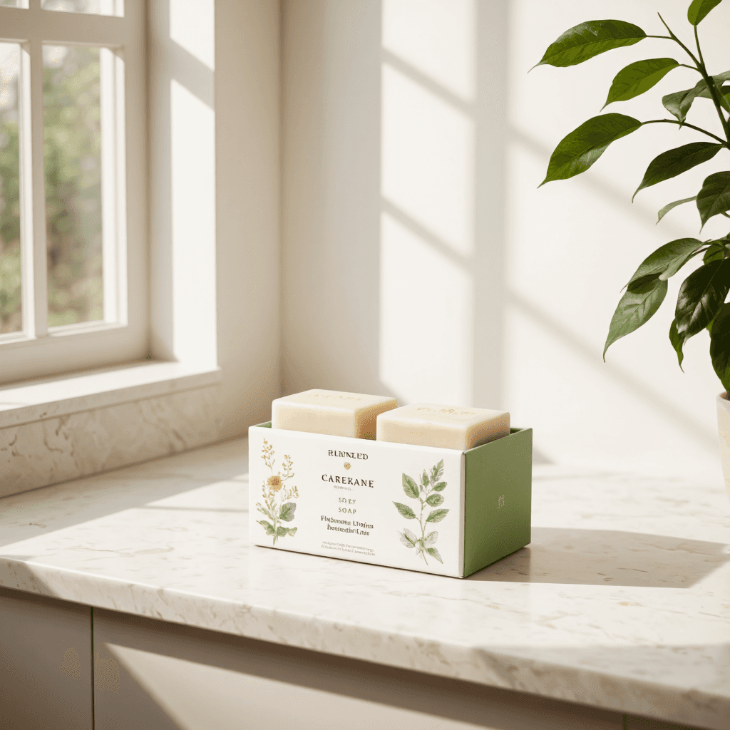 product photography of a box of skincare soap bars designed for gentle cleansing