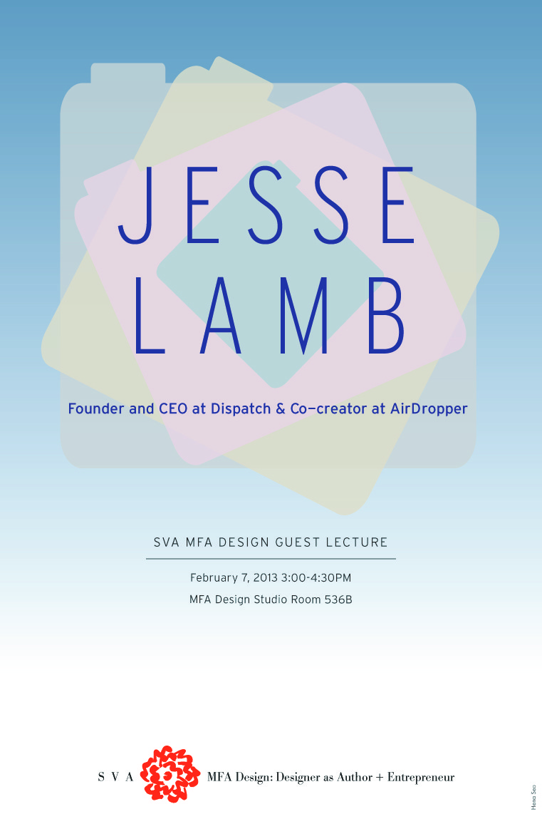 A poster with blue to white gradient, some green and pink pictograms that look like labeled folders and on top of them the text: Jesse Lamb Founder and CEO at Dispatch & Co creator at AirDropper.
