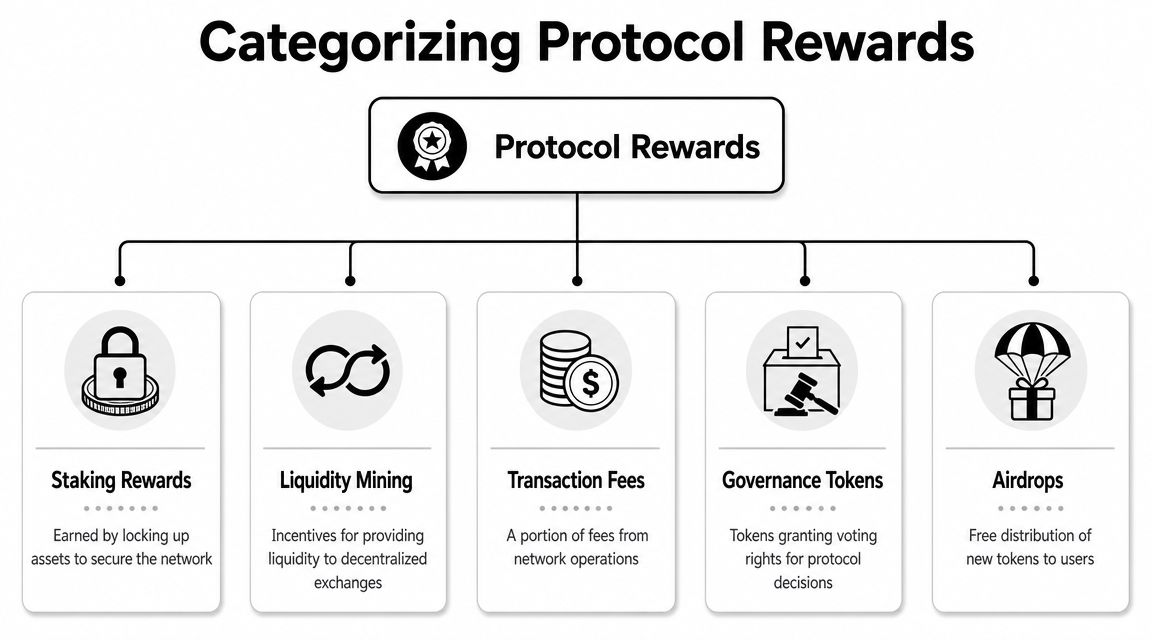A diagram categorizing five different types of protocol rewards in decentralized finance, including staking, liquidity mining, and airdrops.