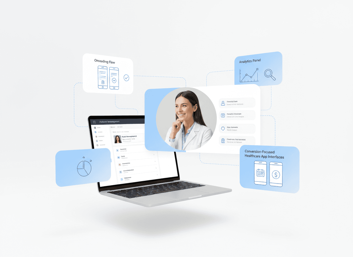Healthcare SaaS UI/UX design showing a patient management dashboard with onboarding, analytics, and conversion-focused product interface