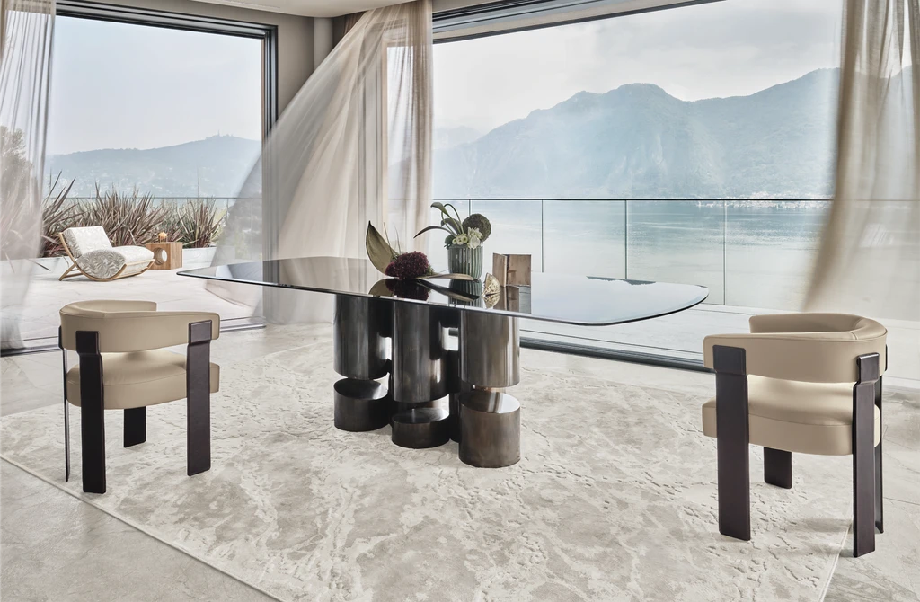 dining room of a modern villa with a view of lake como