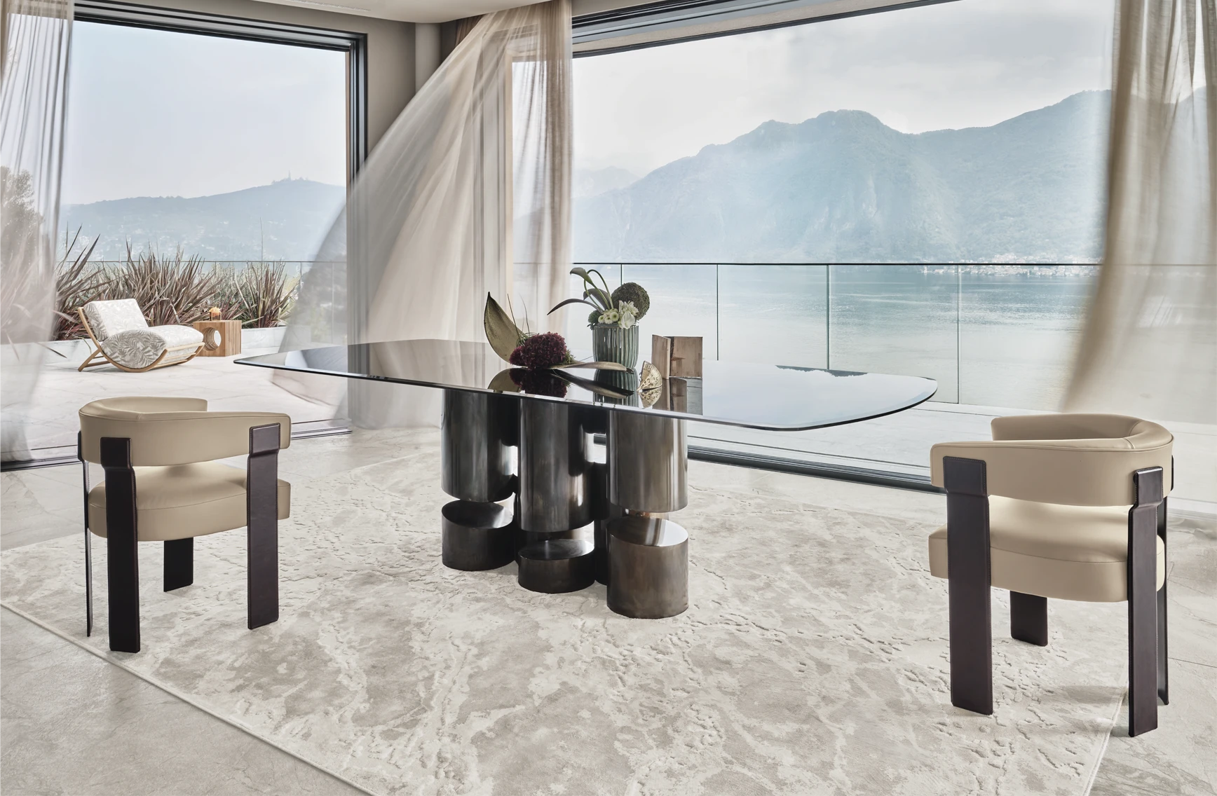 dining room of a modern villa with a view of lake como