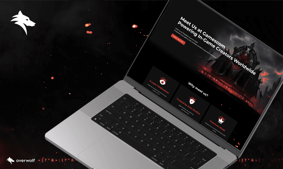 Gaming website displayed on laptop screen with dark mode UI, fantasy visuals, and esports branding design.