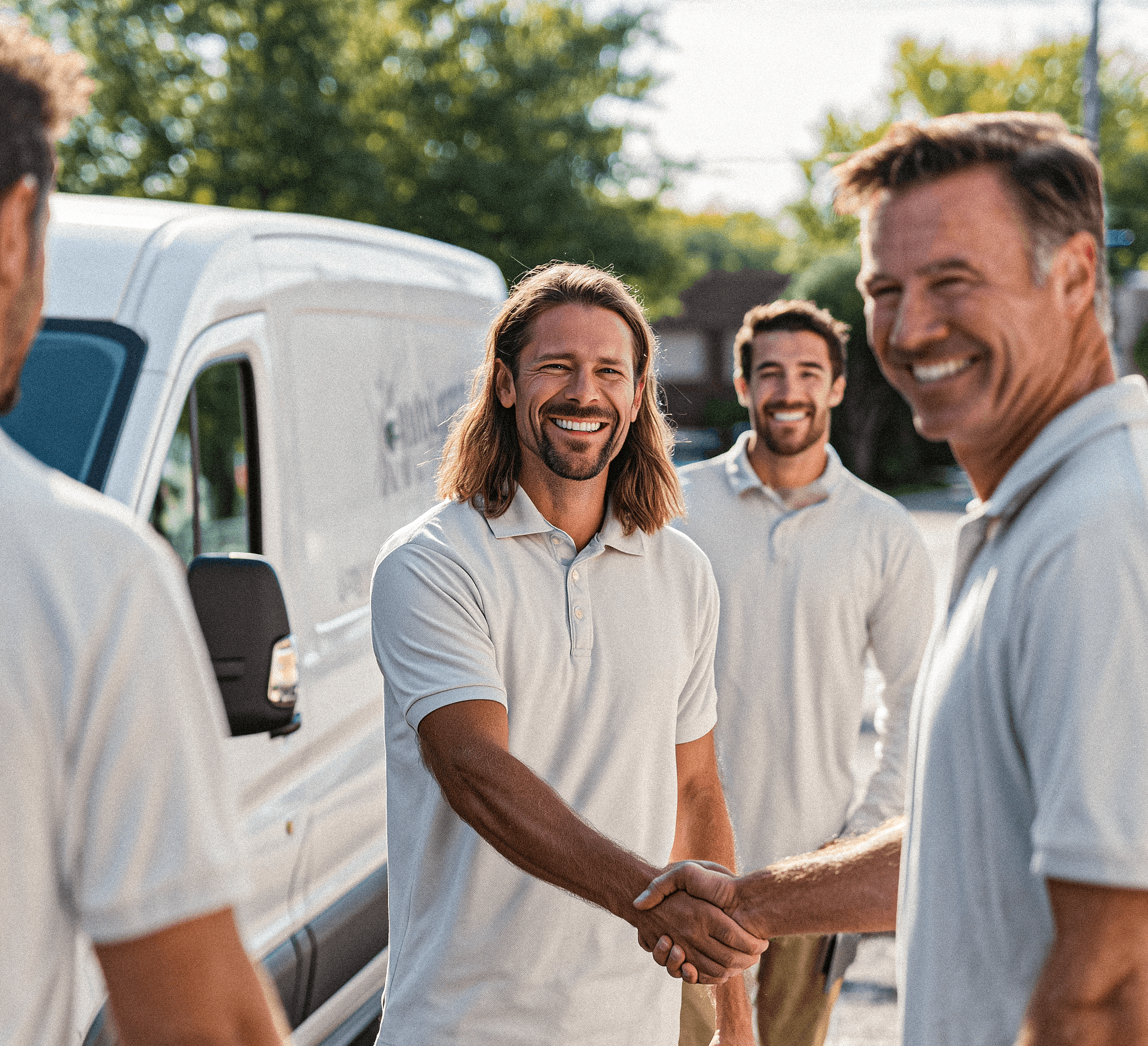 A group of 3 cheerful Locksmith team wearing white polo shirts shake hands with a 4th man (Customer) in front of a white locksmith van on a sunny day, with lush green trees in the background. suggesting a professional locksmith service in Minneapolis.
