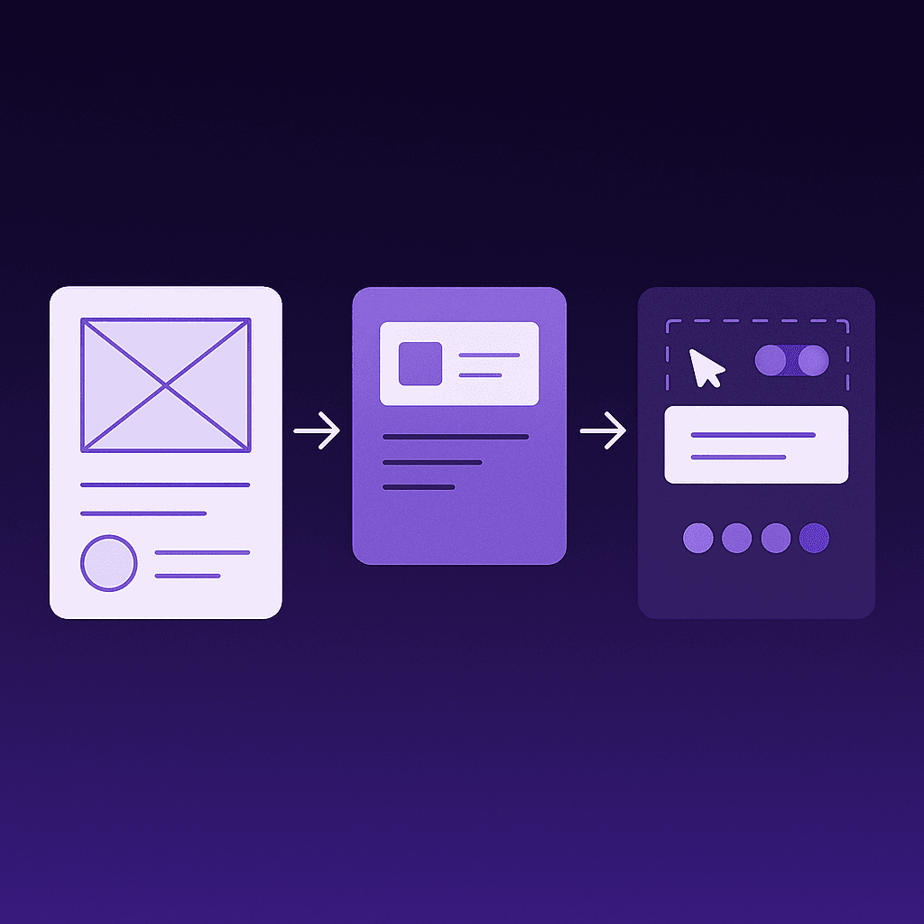 Three purple-toned panels showing design stages: a wireframe, a mid-fidelity mockup, and a high-fidelity UI screen, connected by arrows