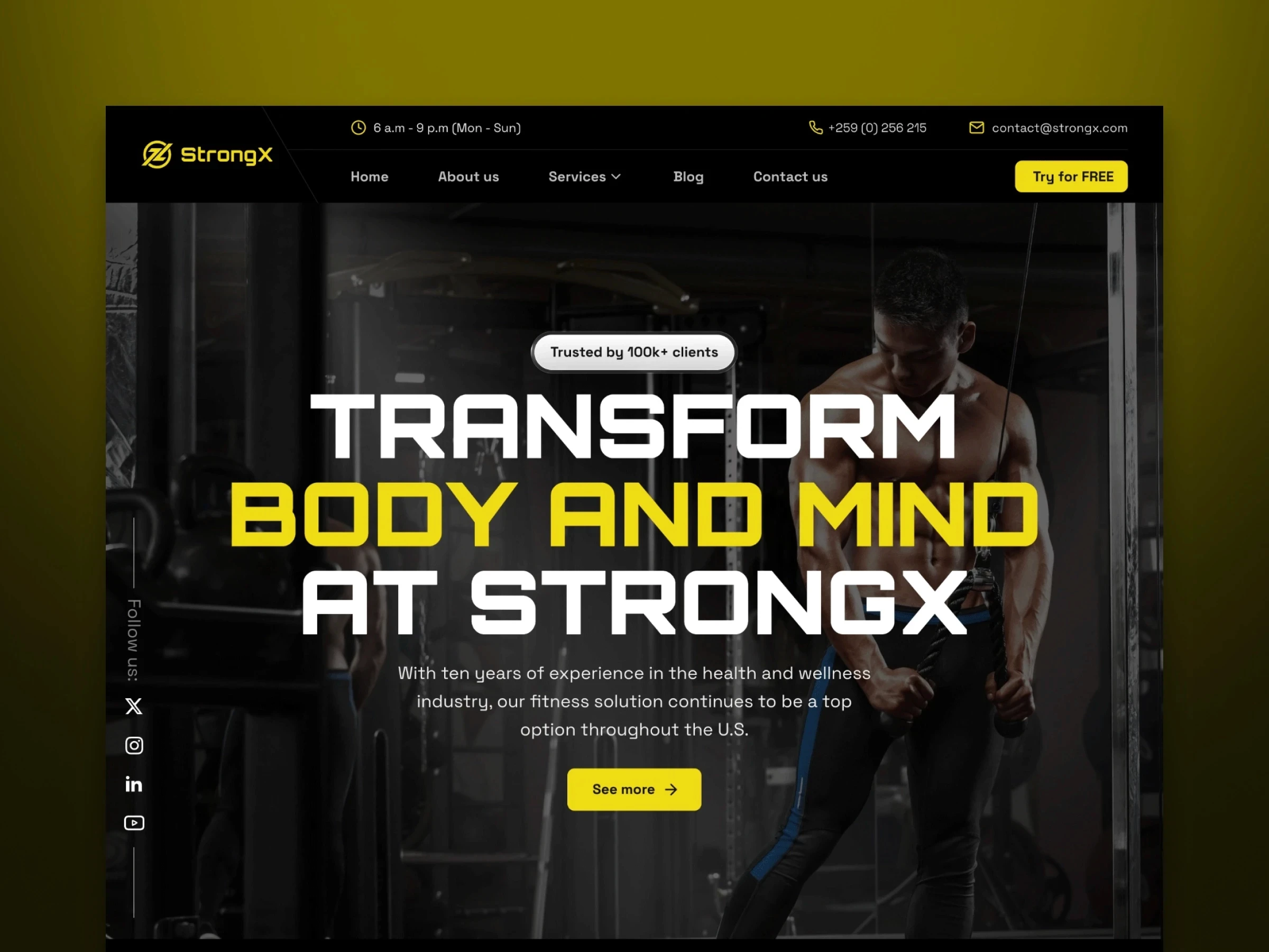 StrongX bold fitness template with gym hero image, social links, free trial CTA, and bold transform headline.